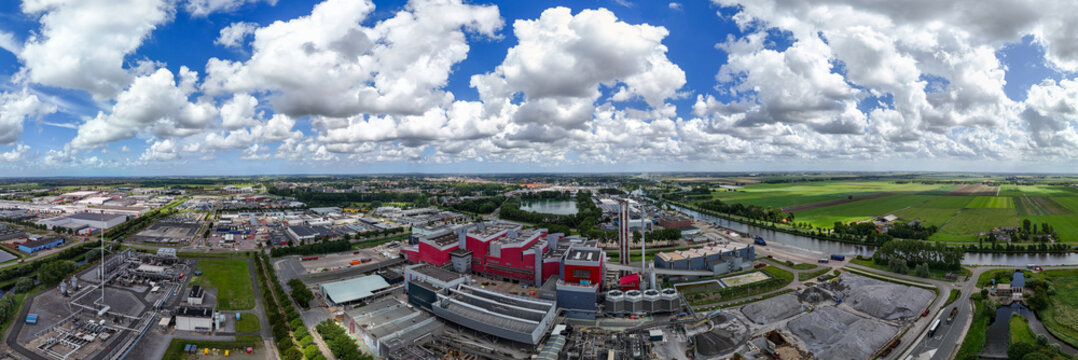 Alkmaar, Netherlands - July 15, 2025. Aerial View of HVC Waste-to-Energy Plant and Surrounding Farmland