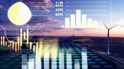 Renewable energy landscape with wind turbines and solar panels, overlaid with financial data visualizations at sunset - Powered by Adobe