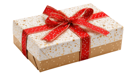 Wrapped Gift Box with Red Ribbon on Transparent Backdrop