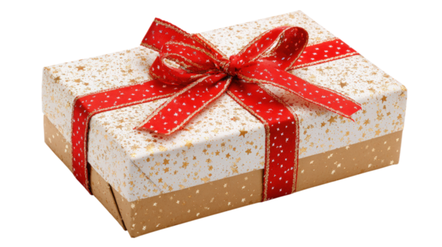 Wrapped Gift Box with Red Ribbon on Transparent Backdrop