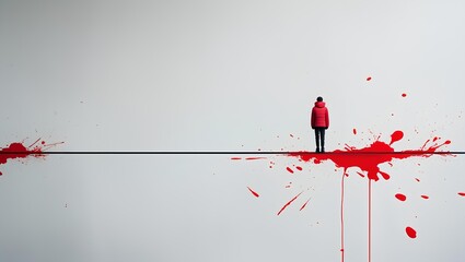 a lone figure, wearing a red jacket, stands on a thin, horizontal line that stretches across a white canvas
