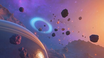 Dynamic planetary system with a ringed planet in the foreground glowing asteroids orbiting nearby and a nebula casting a colorful backdrop of blues and purples
