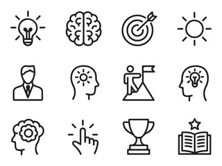 Collection of twelve black outline icons representing business and success concepts
