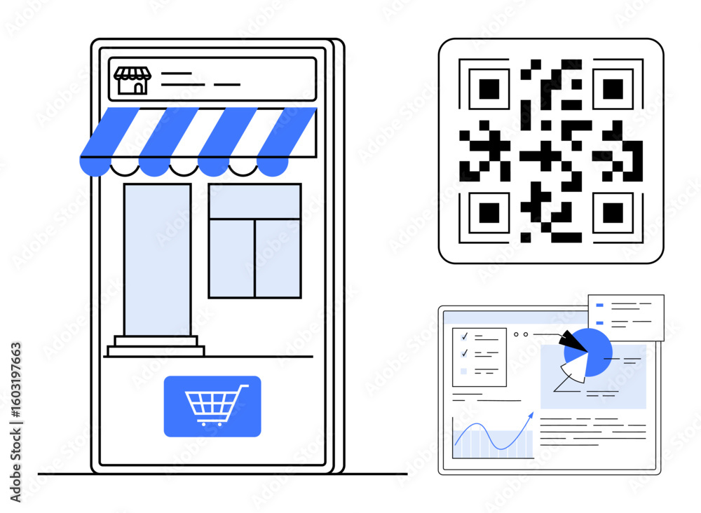 Poster smartphone storefront with a shopping cart, qr code for transactions, and data analytics dashboard w
