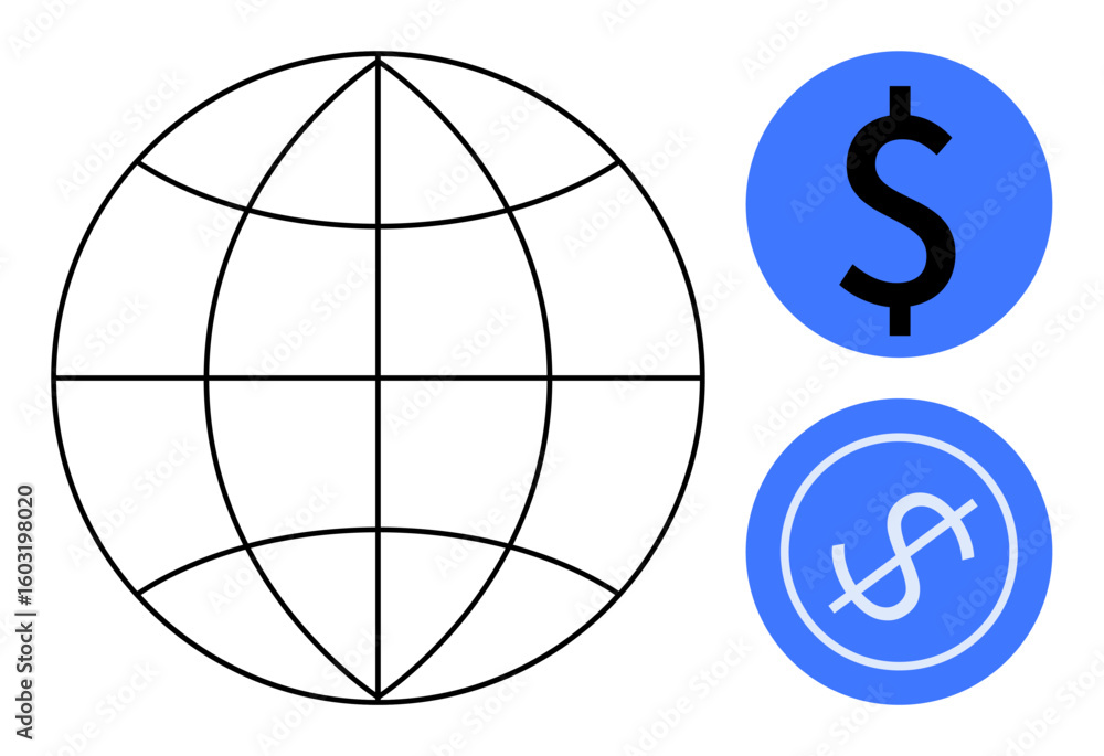Poster globe with intersecting lines symbolizing worldwide connectivity next to two blue dollar signs. idea