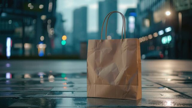 A discarded brown paper bag sitting on a city sidewalk with trash and debris around it
