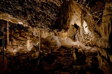 Interior View of Katerinska Cave in Moravian Karst  Limestone Formations and Stalactites, Czech...