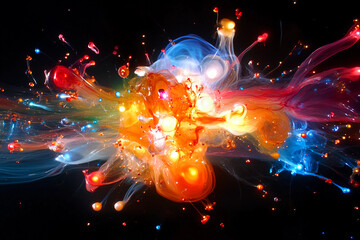High-energy particle jets exploding dynamically with each imagined footfall, capturing intense motion and vibrant energy
