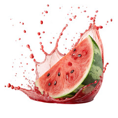 A refreshing slice of watermelon creating a dynamic splash of juice isolated on transparent background