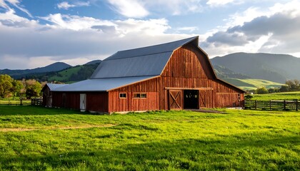 Rustic barn in a grassy valley at sunset