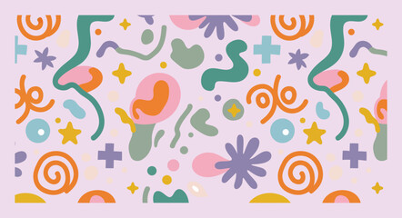 Vector art of funky and fun seamless pattern with abstract shapes and bright colors on a light lavender background
