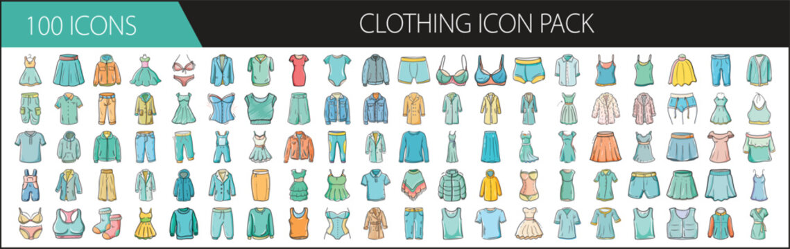 Colorful Clothing Icon Pack with 100 Garment Designs - A vibrant set of 100 cartoon-style clothing icons, featuring tops, bottoms, dresses, outerwear, and undergarments for fashion design. 