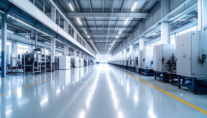 Modern industrial factory interior with machinery and polished concrete floor
