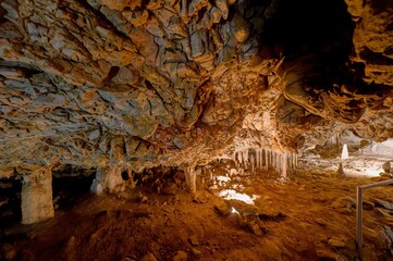 Interior View of Katerinska Cave in Moravian Karst  Limestone Formations and Stalactites, Czech...