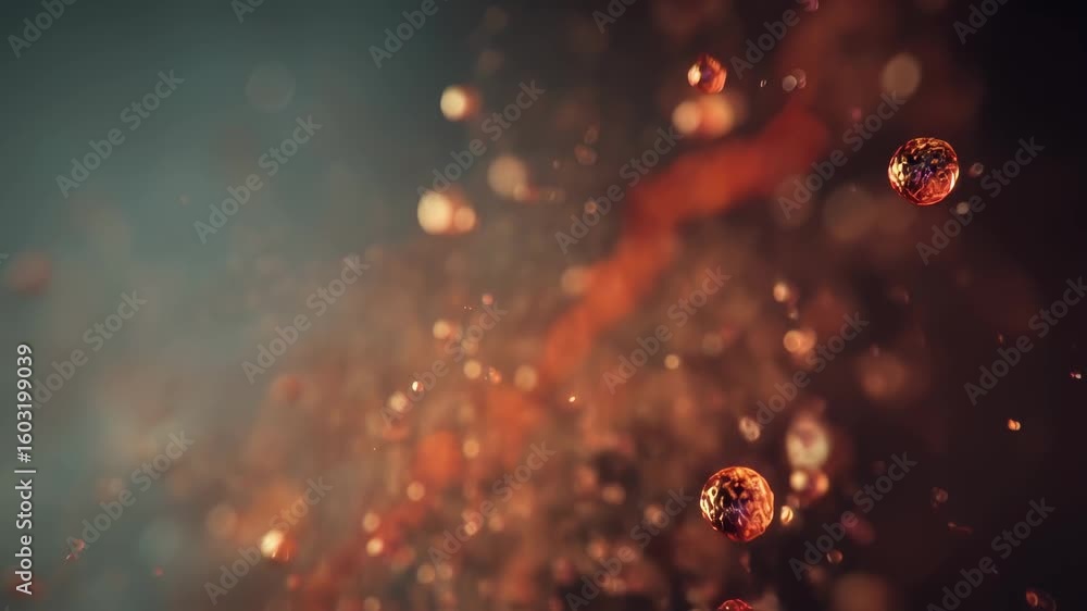 Poster shiny copper spheres exploding and creating small particles and droplets, forming an abstract backgr