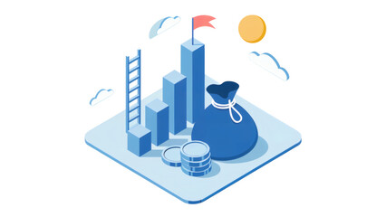 Reach your financial goals with climbing success, money bag, coins and ladder illustration