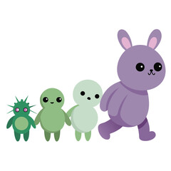 Vector art of cute cartoon monsters and a bunny walking together