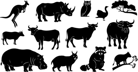 Vector art of collection of diverse animal silhouettes kangaroo rhino owl buffalo hippo raccoon
