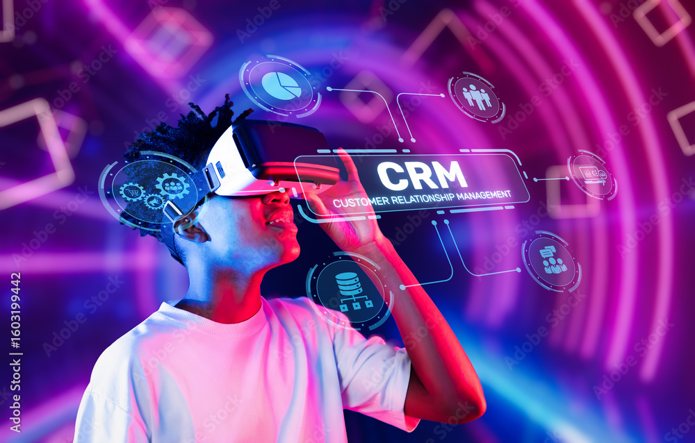 Poster this image showcases a user engaging with customer relationship management concepts through virtual 