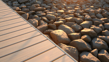 Pale wooden planks form a platform over smooth stones, where shadows stretch long at golden hour and silence lingers.
