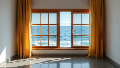 A window without curtains frames the motionless ocean, its edge mirrored in the polished concrete floor below.
