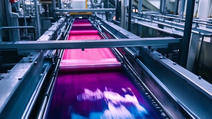 Fabric dyeing machine with a conveyor belt running through large dye tanks the fabric emerging brightly colored demonstrating the scale and complexity of automated dyeing in large textile plants