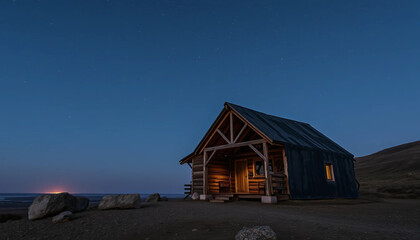 A solitary retreat built from charred timber and ash-toned plaster, standing dark and strong against the distant shimmer of stars.
