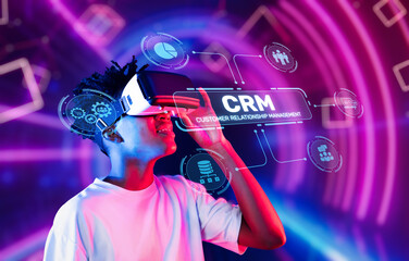 This image showcases a user engaging with customer relationship management concepts through virtual...