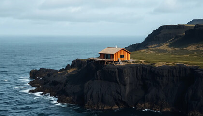 A monolithic cabin of scorched cedar rises above black basalt cliffs, its shadow merging with the ink-dark ocean below.
