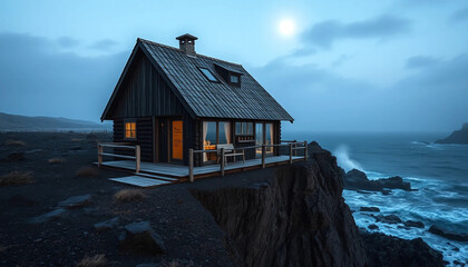 A windswept hideaway of blackened wood and volcanic ash clings to a coastal ledge, haloed by cold moonlight and sea spray.
