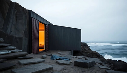 A low-profile retreat with oxidized steel shutters faces the void, glowing dimly from within while waves crash below in silence.
