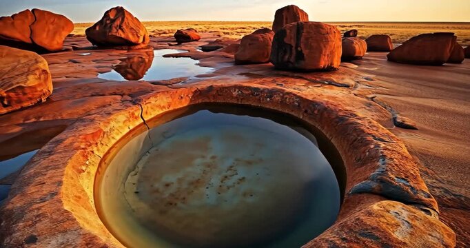 A still, low-angle shot of a round pool of water amidst red rocks in a desert landscape.