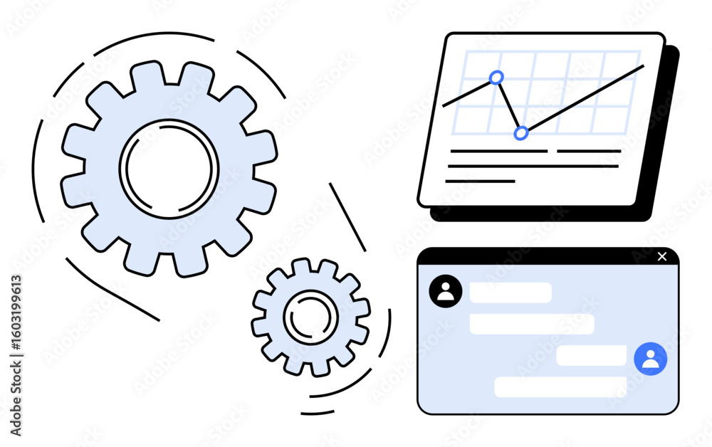 Poster gears in motion beside a data graph and message chat window. ideal for workflow, analytics, teamwork