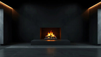 A deep-set fireplace flickers inside a room of matte-black stone, where every surface absorbs silence and shadow.
