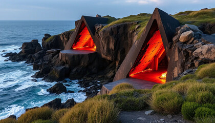 The retreat's angular walls, scorched and sculpted by fire, rise like monoliths from the sea, resisting both time and tide.
