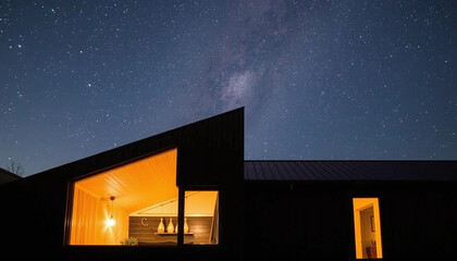 A glass slit cuts across the black retreat’s façade, revealing flickering warmth inside as the stars above stretch endlessly.
