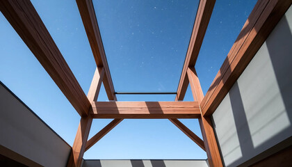 Blackened cedar beams frame an open sky atrium, where starlight filters onto a cold water basin edged in obsidian tile.
