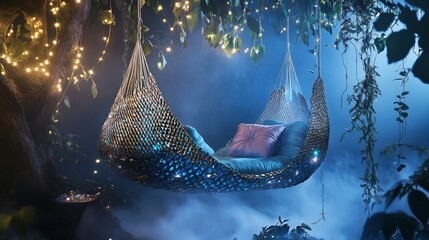 Fairy tale inspired dragon jhoola with shimmering dragon scales on the sides and soft cushions hanging from tree branches in a fantasy forest with magical lights and mist in the air