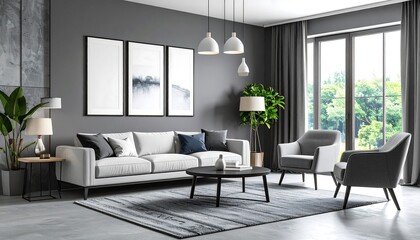 Modern living room with gray walls, white sofa, and natural light provides elegance