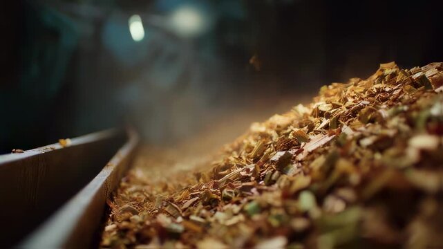 Wood chips falling onto a conveyor belt in a lumber mill illustrate dynamic wood processing and biomass fuel production in the timber industry's renewable energy efforts