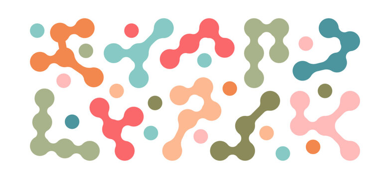 Organic metaball icon, connect pattern, circle shape dot, color morph fluid, dna molecular. Collagen molecule set, network technology, circular texture, minimal geometric concept. Vector illustration
