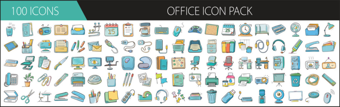 Cartoon Office Icon Pack with 100 Essentials - A set of 100 colorful office-themed icons in cartoon style, including supplies, furniture, tech, and work tools for business design.