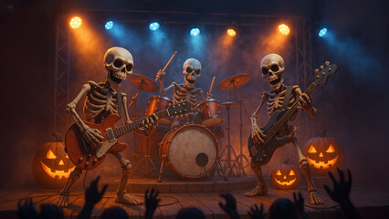 Skeleton Rock Band Performing on Halloween Stage