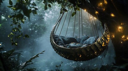 Fairy tale inspired dragon jhoola with shimmering dragon scales on the sides and soft cushions hanging from tree branches in a fantasy forest with magical lights and mist in the air