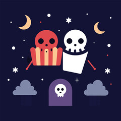Naklejka premium Vector art of cute cartoon skeletons celebrating halloween under a starry night