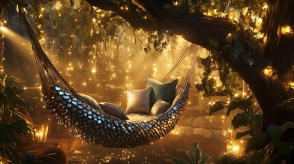 Fairy tale inspired dragon jhoola with shimmering dragon scales on the sides and soft cushions hanging from tree branches in a fantasy forest with magical lights and mist in the air