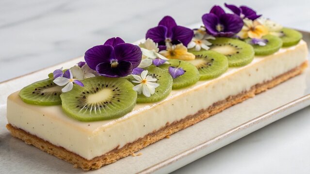 Elegant rectangular dessert with kiwi slices and purple flowers on top