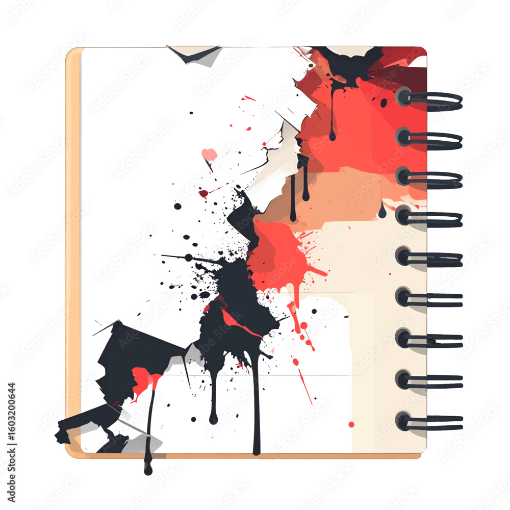 Poster abstract spiral notebook design with red and black ink splashes