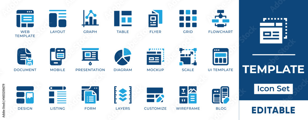 Poster template icon set. features editable icons for layouts, documents, drafts, web templates, and forms.