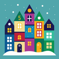 Fototapeta premium Vector art of colorful row of houses in a snowy village for christmas